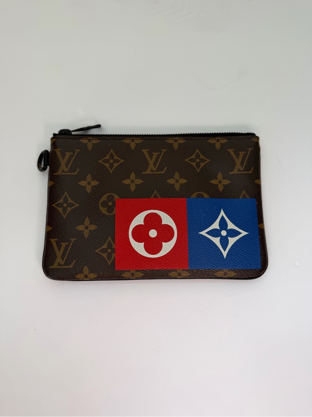 Louis Vuitton Brown Unisex Monogram Zip Pouch with Red & Blue Panels